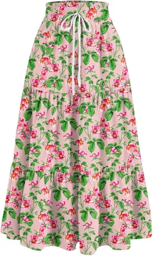 ADHOWBEW Boho Skirts for Women Flowy Trendy Beach Midi Length Plus Size Ruffle A Line Casual Cute High Waisted Spring Skirts