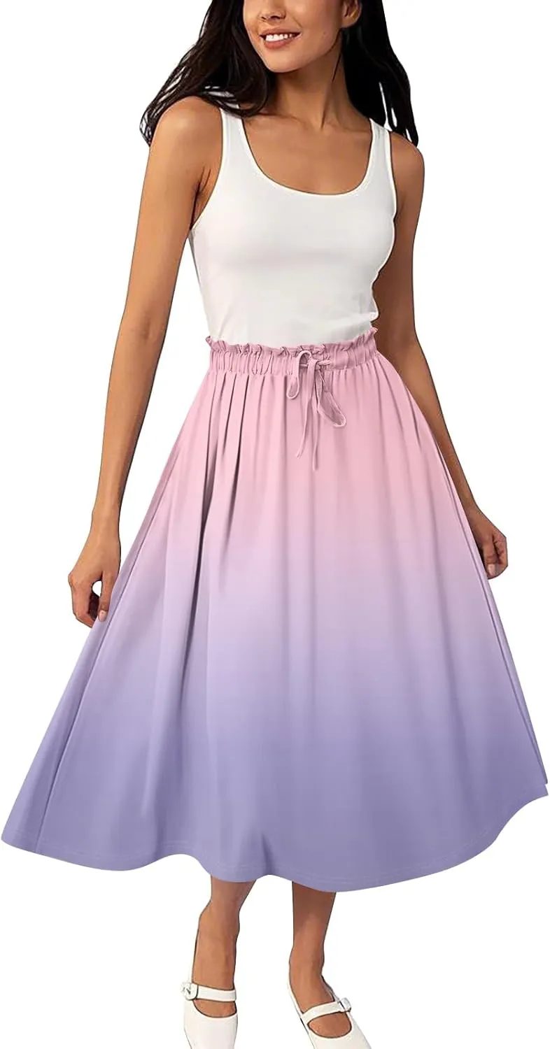 ADHOWBEW Long Skirts for Women Summer Smocked Flowy Sexy Floral Print Casual Cotton Bohemian High Waist Skirts