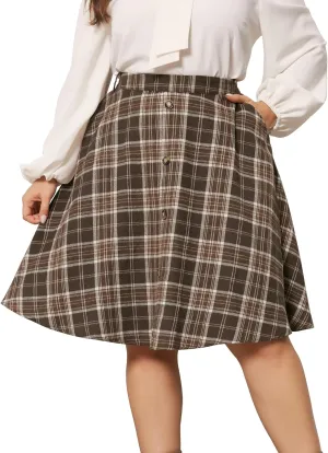 Agnes Orinda Plus Size Vintage Skirt for Women Plaid Elastic High Waist Button Front A-Line Skirt with Pockets