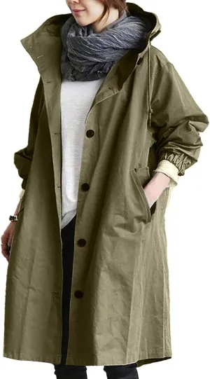 aihihe Women's Lightweight Hooded Trench Coat Outdoor Long Jacket Plus Size Button Up Windbreaker Outerwear with Pockets