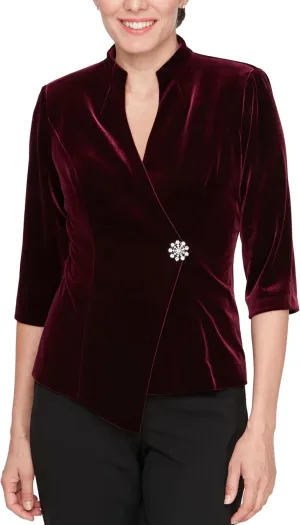 Alex Evenings Womens Velvet Asymmetric Pointed Hem Blouse with Embellished Closure, Formal Event, Party