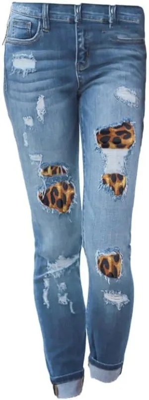 Andongnywell Women's Skinny Destroyed Ripped Hole Pants Leopard Patchwork Length Jeans High Waisted Stretch Pencil Jean