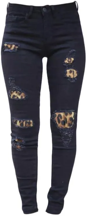 Andongnywell Women's Skinny Destroyed Ripped Hole Pants Leopard Patchwork Length Jeans High Waisted Stretch Pencil Jean