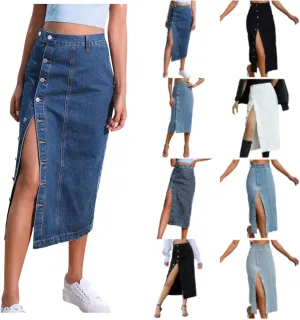 Aniywn Blue Jean Skirts for Women Denim Women's Button Front Denim Skirt High Waisted Split Hem Bodycon Longline Jean Skirts