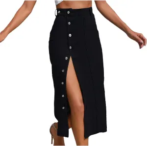 Aniywn Blue Jean Skirts for Women Denim Women's Button Front Denim Skirt High Waisted Split Hem Bodycon Longline Jean Skirts