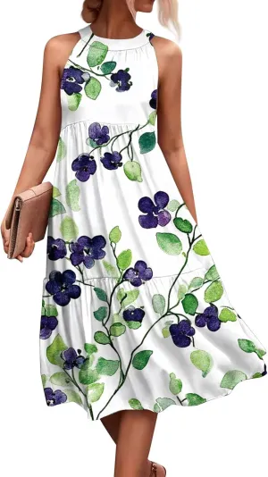 Azeralia Womens Spring Summer 2025 Sleeveless Casual Hanging Neck Beach Dresses Printed Loose Splicing Long Dress