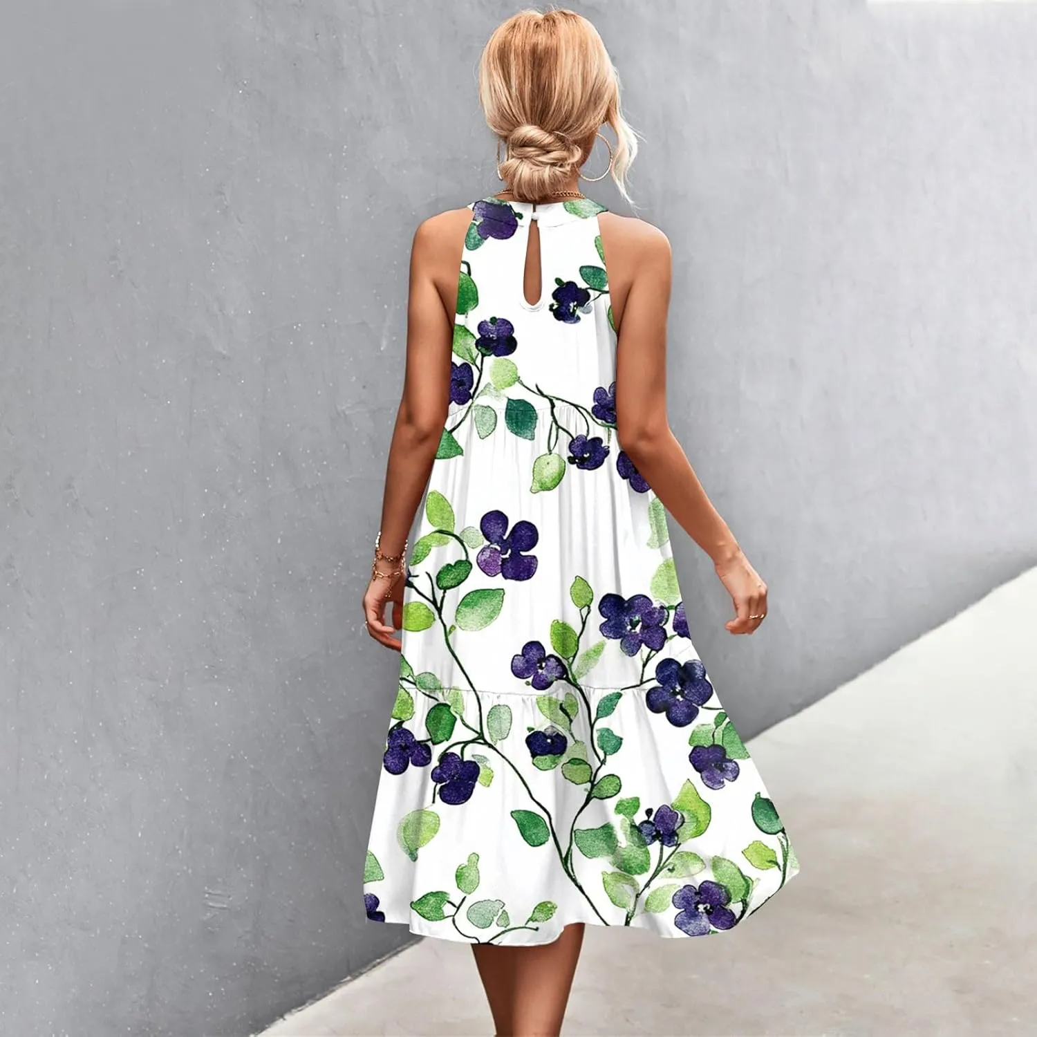 Azeralia Womens Spring Summer 2025 Sleeveless Casual Hanging Neck Beach Dresses Printed Loose Splicing Long Dress