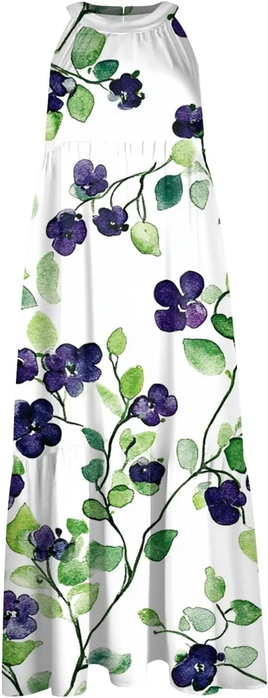 Azeralia Womens Spring Summer 2025 Sleeveless Casual Hanging Neck Beach Dresses Printed Loose Splicing Long Dress