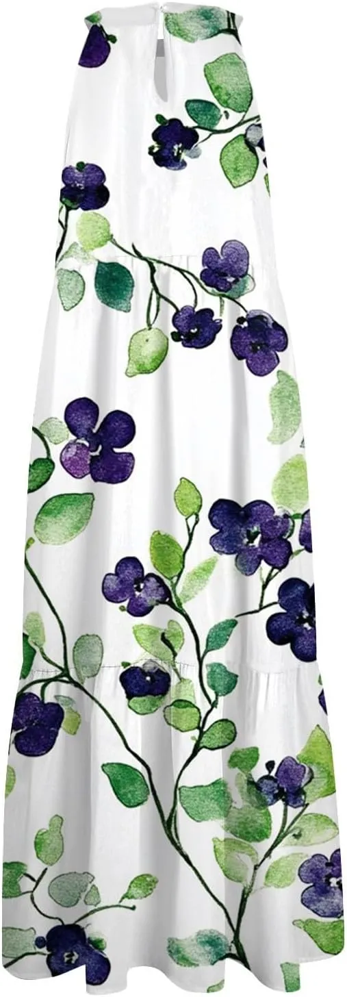 Azeralia Womens Spring Summer 2025 Sleeveless Casual Hanging Neck Beach Dresses Printed Loose Splicing Long Dress