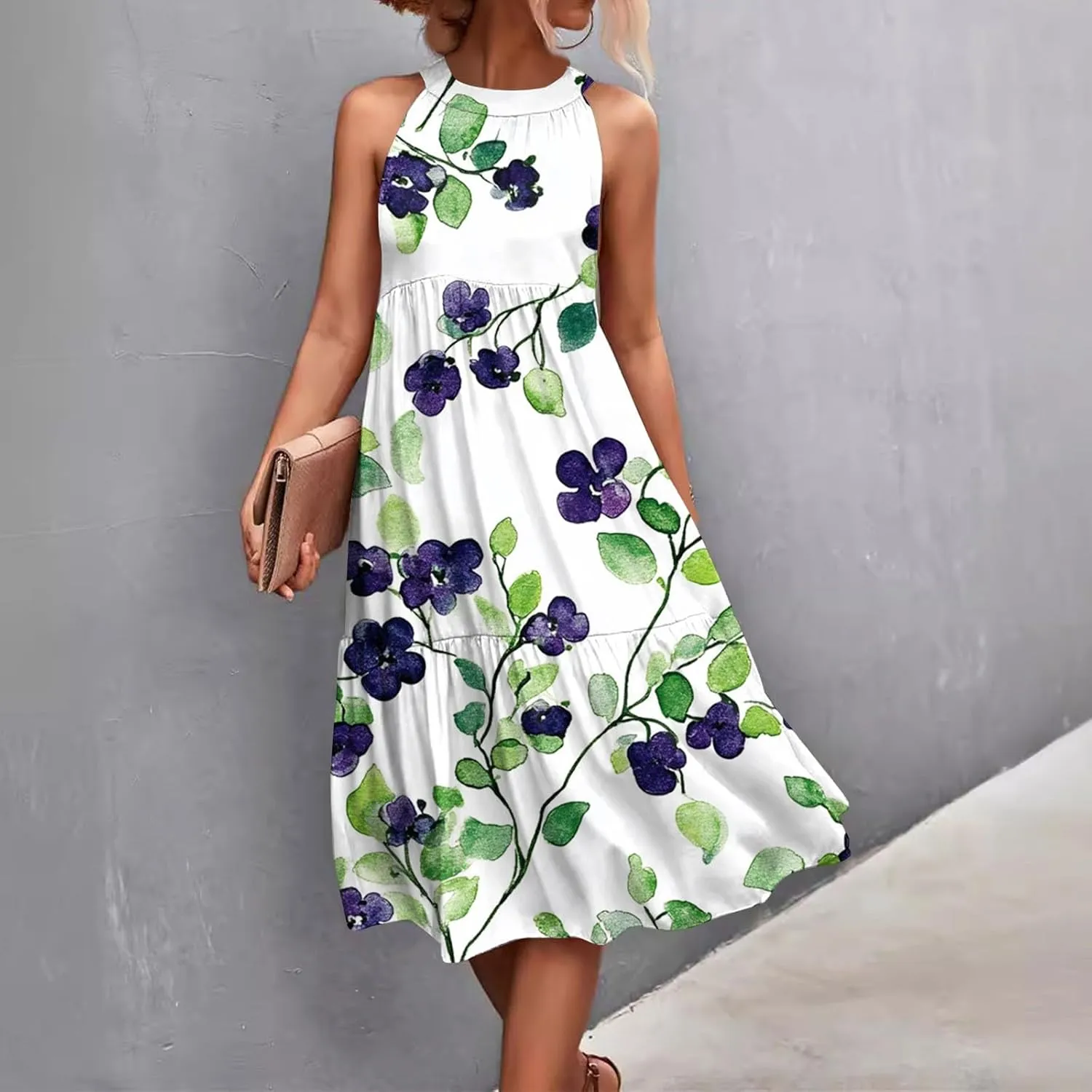 Azeralia Womens Spring Summer 2025 Sleeveless Casual Hanging Neck Beach Dresses Printed Loose Splicing Long Dress