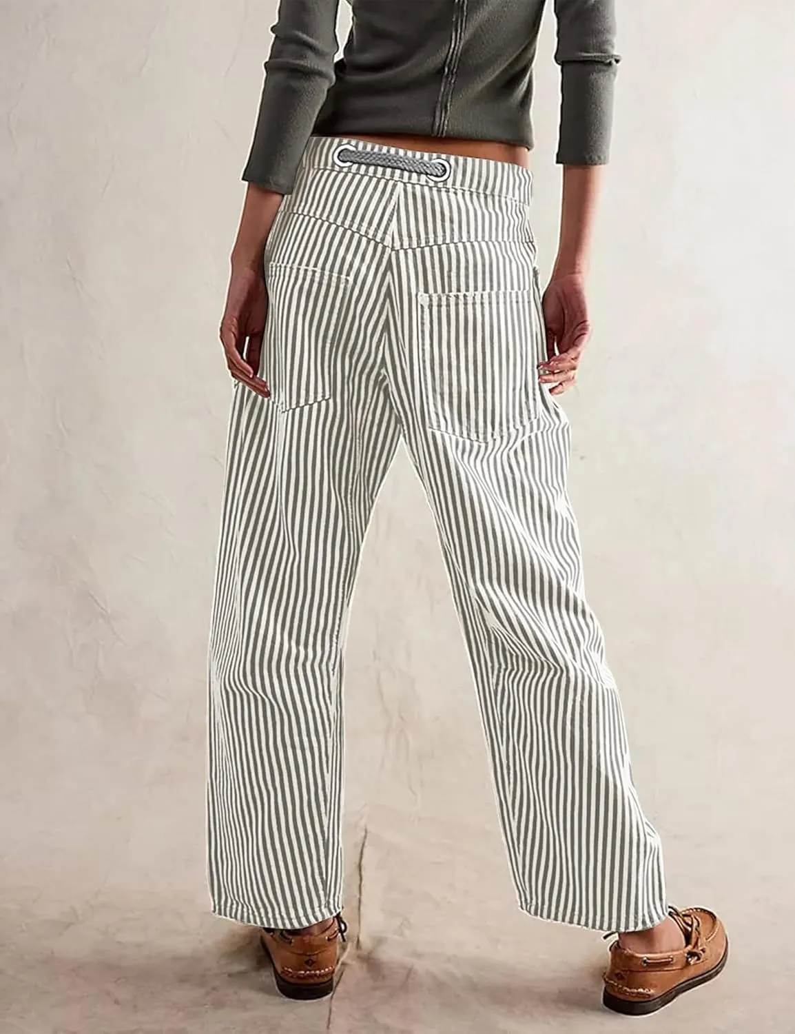 Baggy Barrel Jeans for Women Y2k Striped Drawstring High Waist Straight Wide Leg Boyfriend Jeans Mom Denim Pants