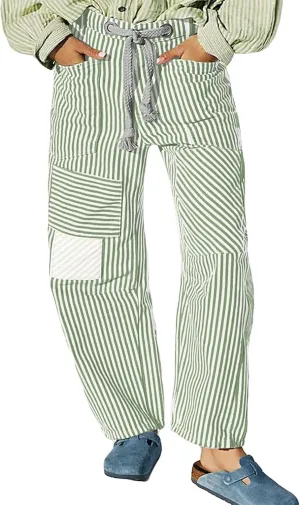 Baggy Barrel Jeans for Women Y2k Striped Drawstring High Waist Straight Wide Leg Boyfriend Jeans Mom Denim Pants