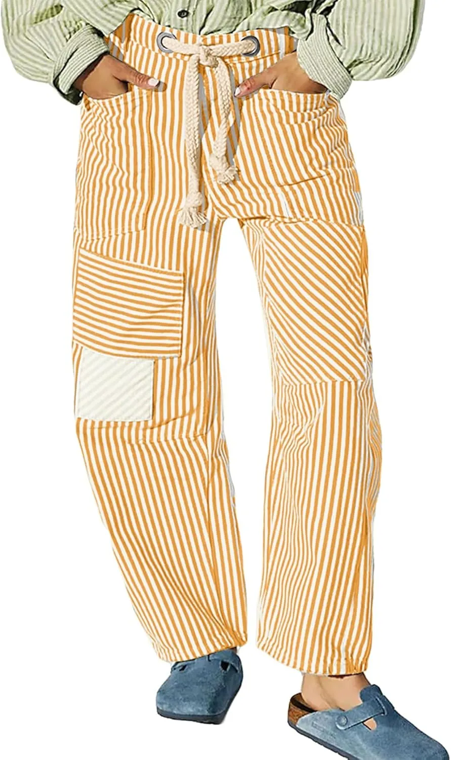 Baggy Barrel Jeans for Women Y2k Striped Drawstring High Waist Straight Wide Leg Boyfriend Jeans Mom Denim Pants