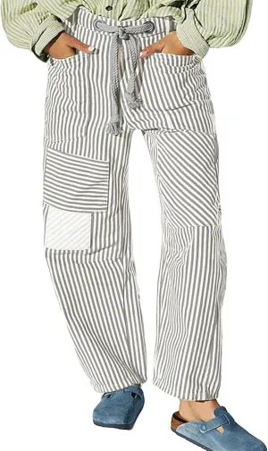 Baggy Barrel Jeans for Women Y2k Striped Drawstring High Waist Straight Wide Leg Boyfriend Jeans Mom Denim Pants