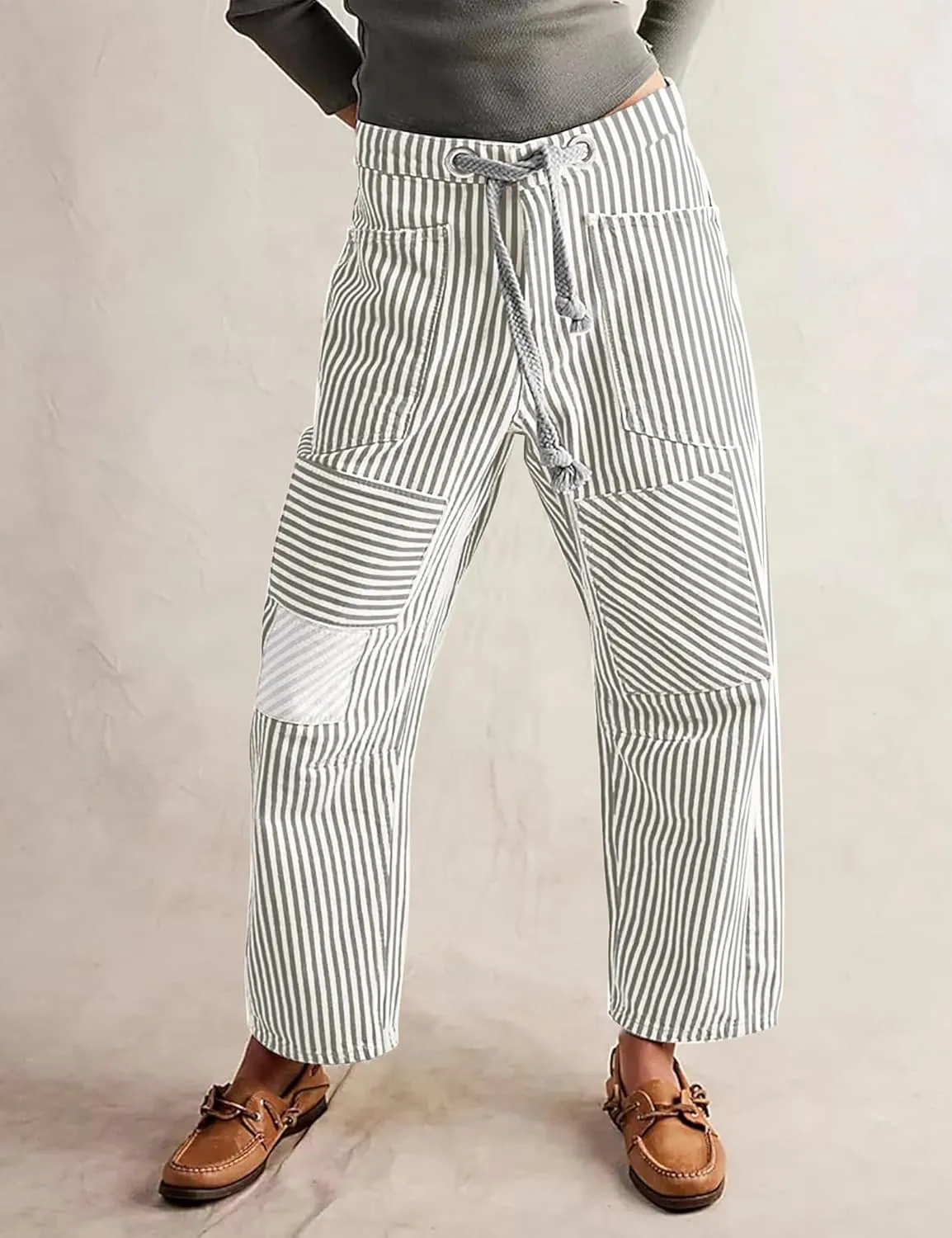 Baggy Barrel Jeans for Women Y2k Striped Drawstring High Waist Straight Wide Leg Boyfriend Jeans Mom Denim Pants