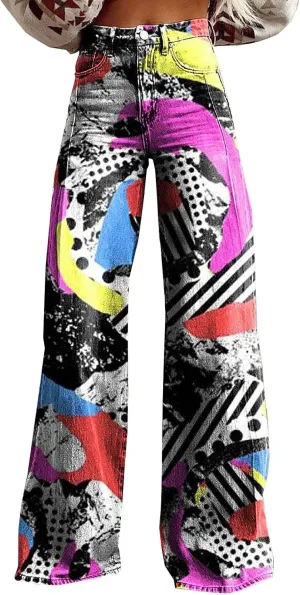 Bell Bottom Jeans for Women Plus SizeWomen's Flare Wide Leg Jeans 2025 High Waisted Denim Vintage Floral Printed Pants Casual Colorful Straight Trouser