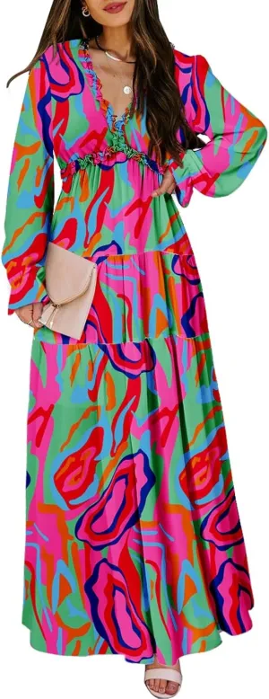 BLENCOT Womens Casual Boho Deep V Neck Short Sleeve Long Dress