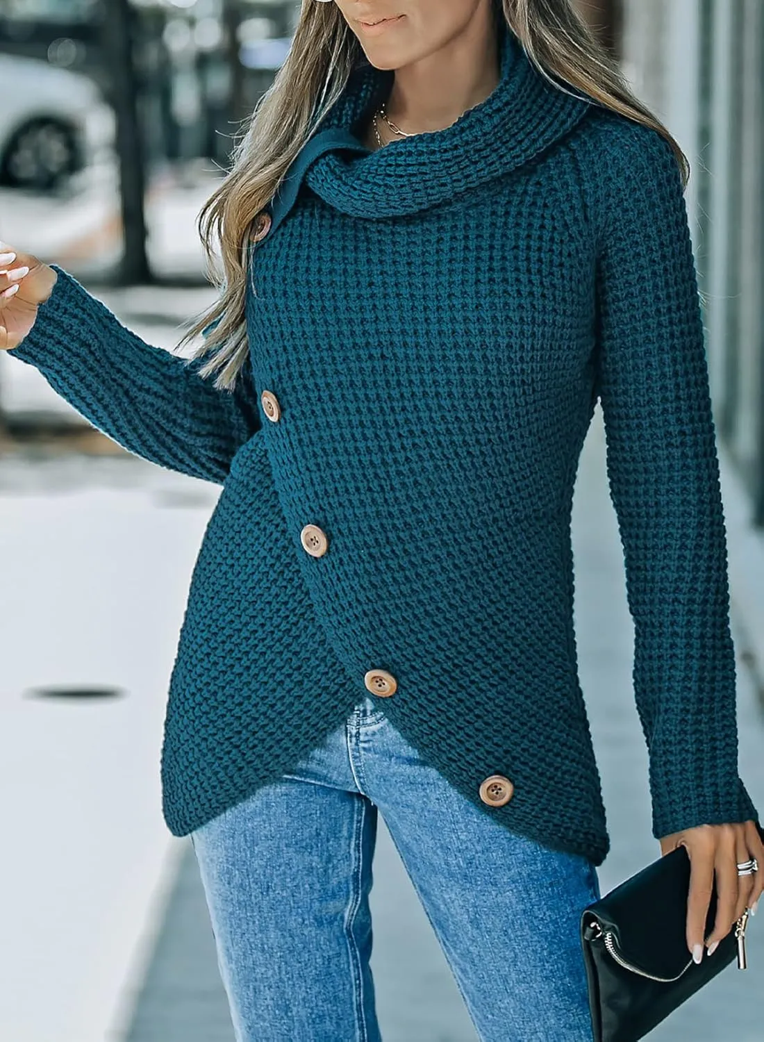 BLENCOT Women's Winter Turtleneck Color Block Chunky Knitted Pullover Button Decoration Asymmetric Loose Knit Sweater S-XXL