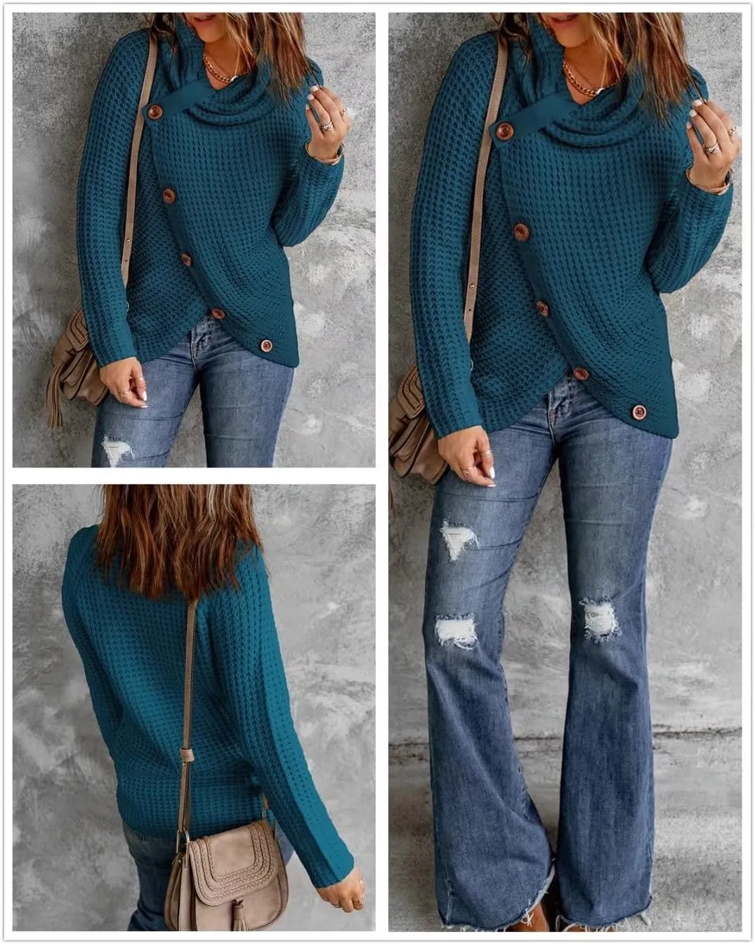 BLENCOT Women's Winter Turtleneck Color Block Chunky Knitted Pullover Button Decoration Asymmetric Loose Knit Sweater S-XXL
