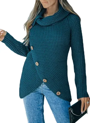 BLENCOT Women's Winter Turtleneck Color Block Chunky Knitted Pullover Button Decoration Asymmetric Loose Knit Sweater S-XXL