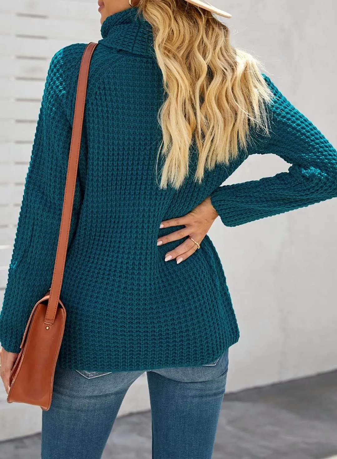 BLENCOT Women's Winter Turtleneck Color Block Chunky Knitted Pullover Button Decoration Asymmetric Loose Knit Sweater S-XXL