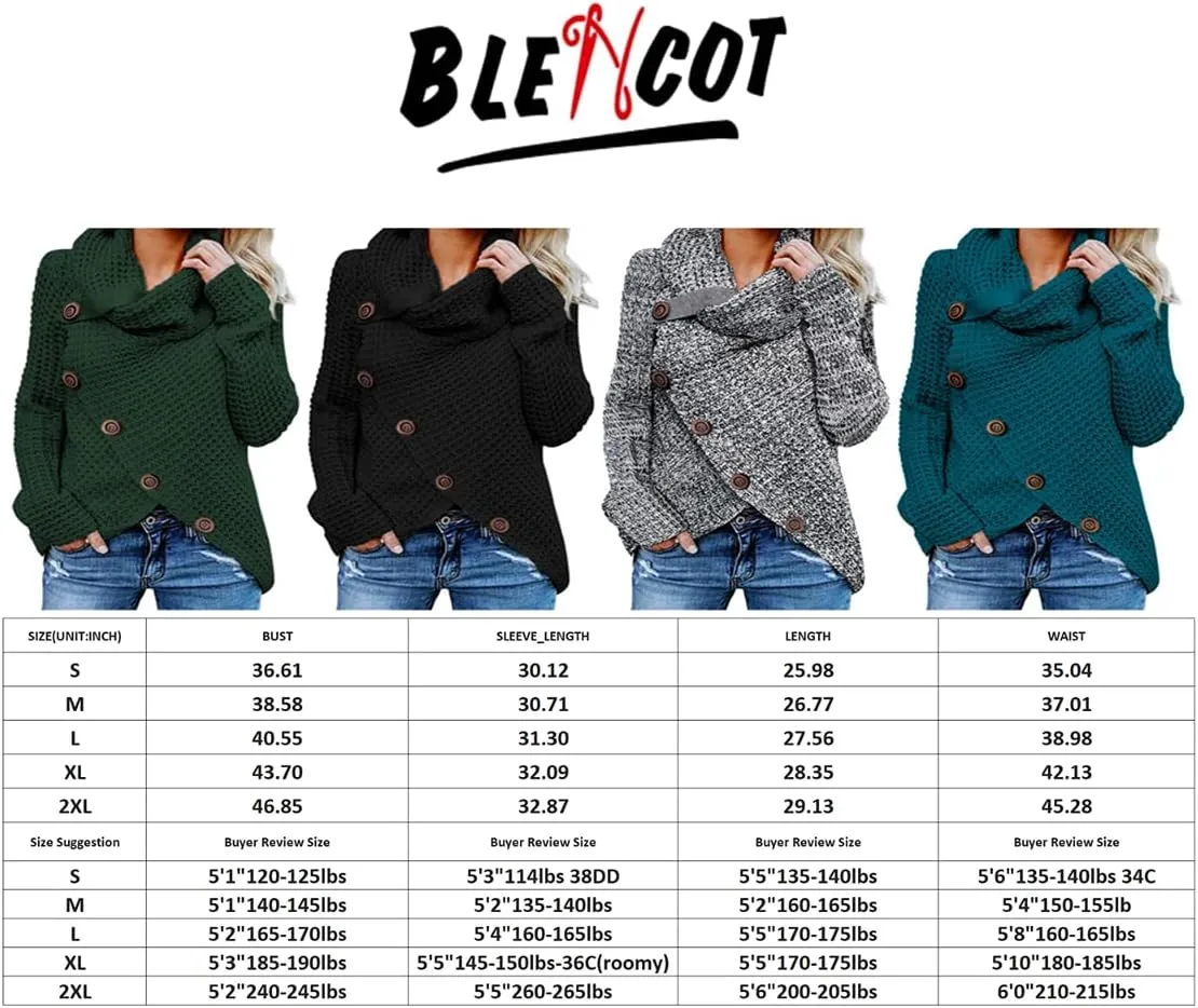BLENCOT Women's Winter Turtleneck Color Block Chunky Knitted Pullover Button Decoration Asymmetric Loose Knit Sweater S-XXL