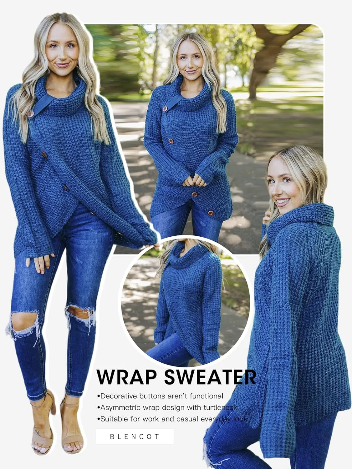 BLENCOT Women's Winter Turtleneck Color Block Chunky Knitted Pullover Button Decoration Asymmetric Loose Knit Sweater S-XXL
