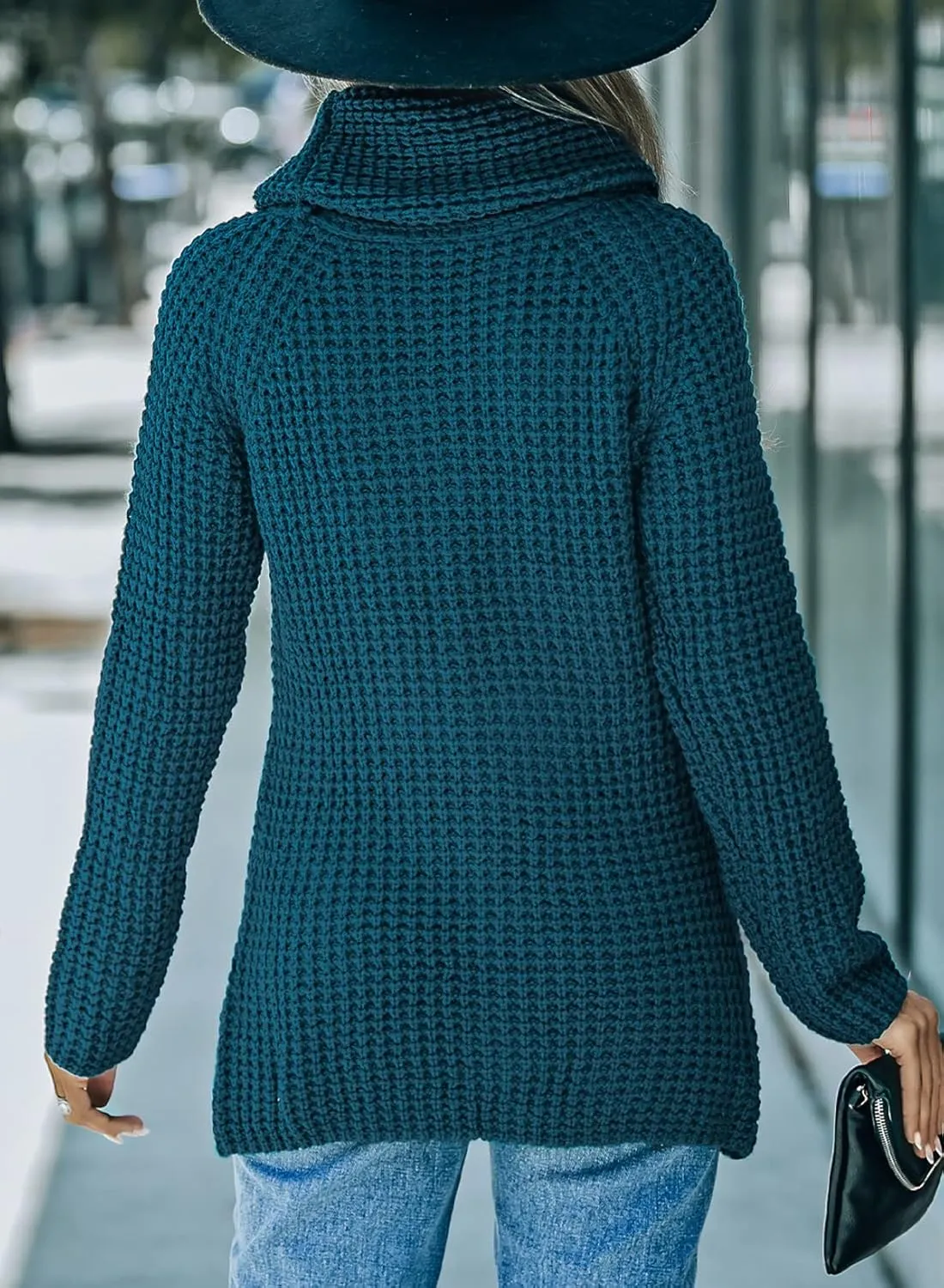 BLENCOT Women's Winter Turtleneck Color Block Chunky Knitted Pullover Button Decoration Asymmetric Loose Knit Sweater S-XXL