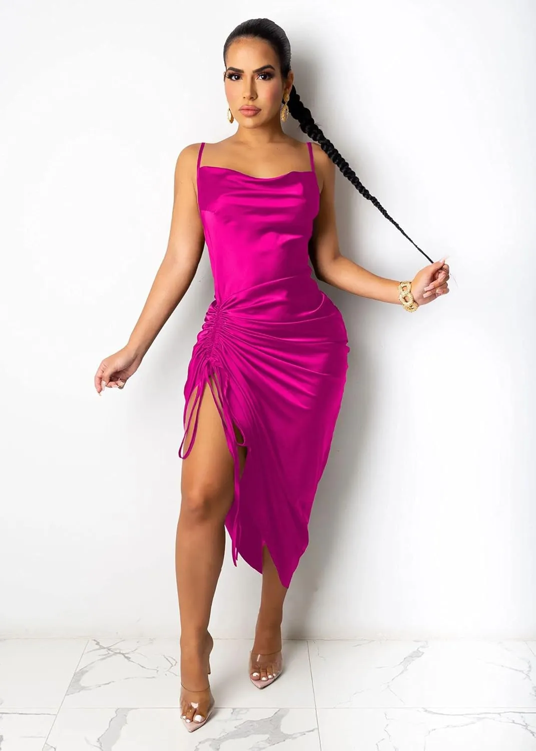 BOGURST Party Dress for Women Sexy Adjustable Ruched Spaghetti Strap Bodycon Dress Drawstring Side Slit Slip