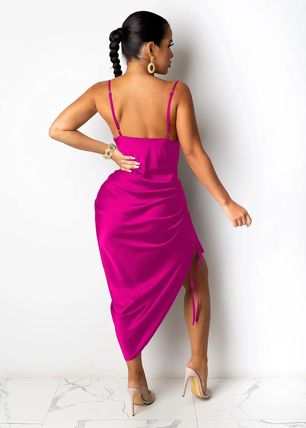 BOGURST Party Dress for Women Sexy Adjustable Ruched Spaghetti Strap Bodycon Dress Drawstring Side Slit Slip