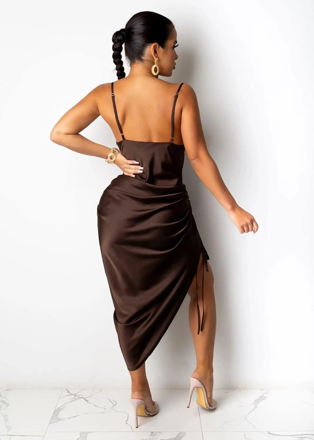 BOGURST Party Dress for Women Sexy Adjustable Ruched Spaghetti Strap Bodycon Dress Drawstring Side Slit Slip