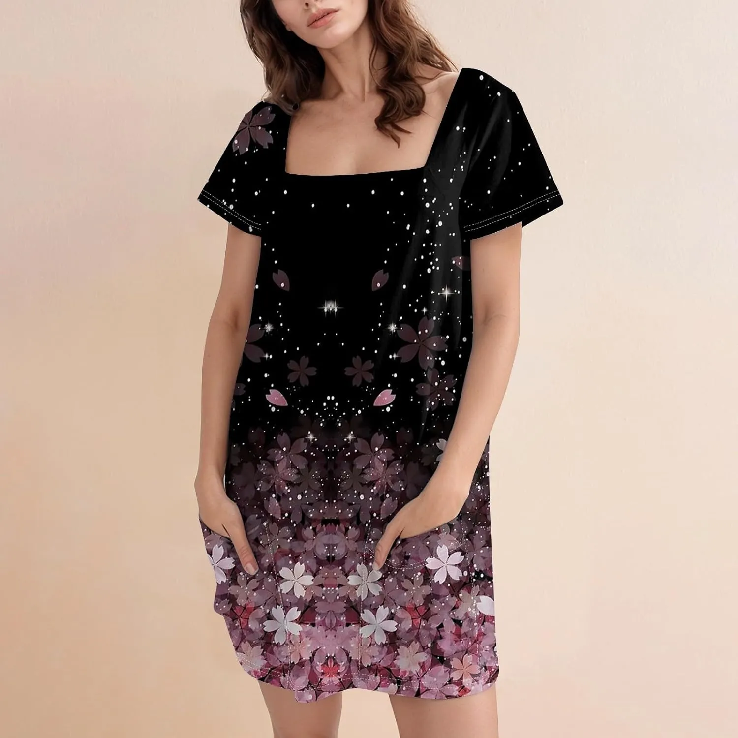 Boho Dress for Women Summer Square Neck T Shirt Dress Short Sleeve Fashion Short Dresses with Pockets