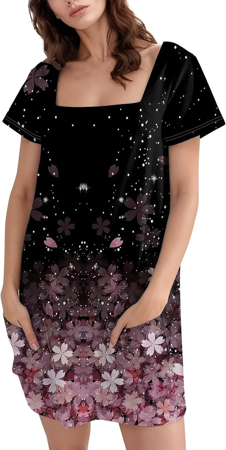 Boho Dress for Women Summer Square Neck T Shirt Dress Short Sleeve Fashion Short Dresses with Pockets