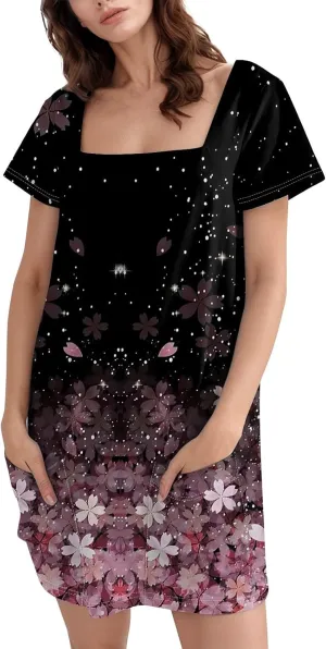 Boho Dress for Women Summer Square Neck T Shirt Dress Short Sleeve Fashion Short Dresses with Pockets