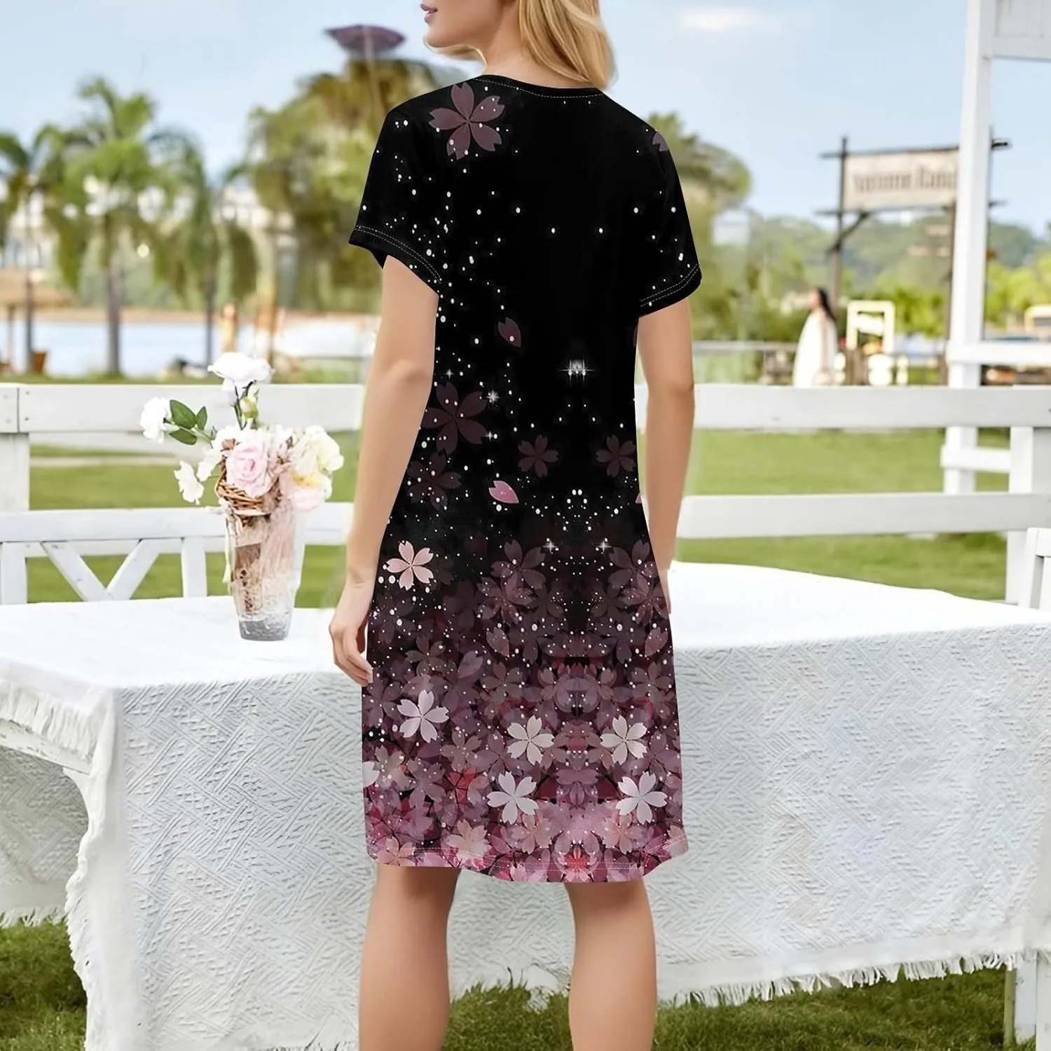 Boho Dress for Women Summer Square Neck T Shirt Dress Short Sleeve Fashion Short Dresses with Pockets