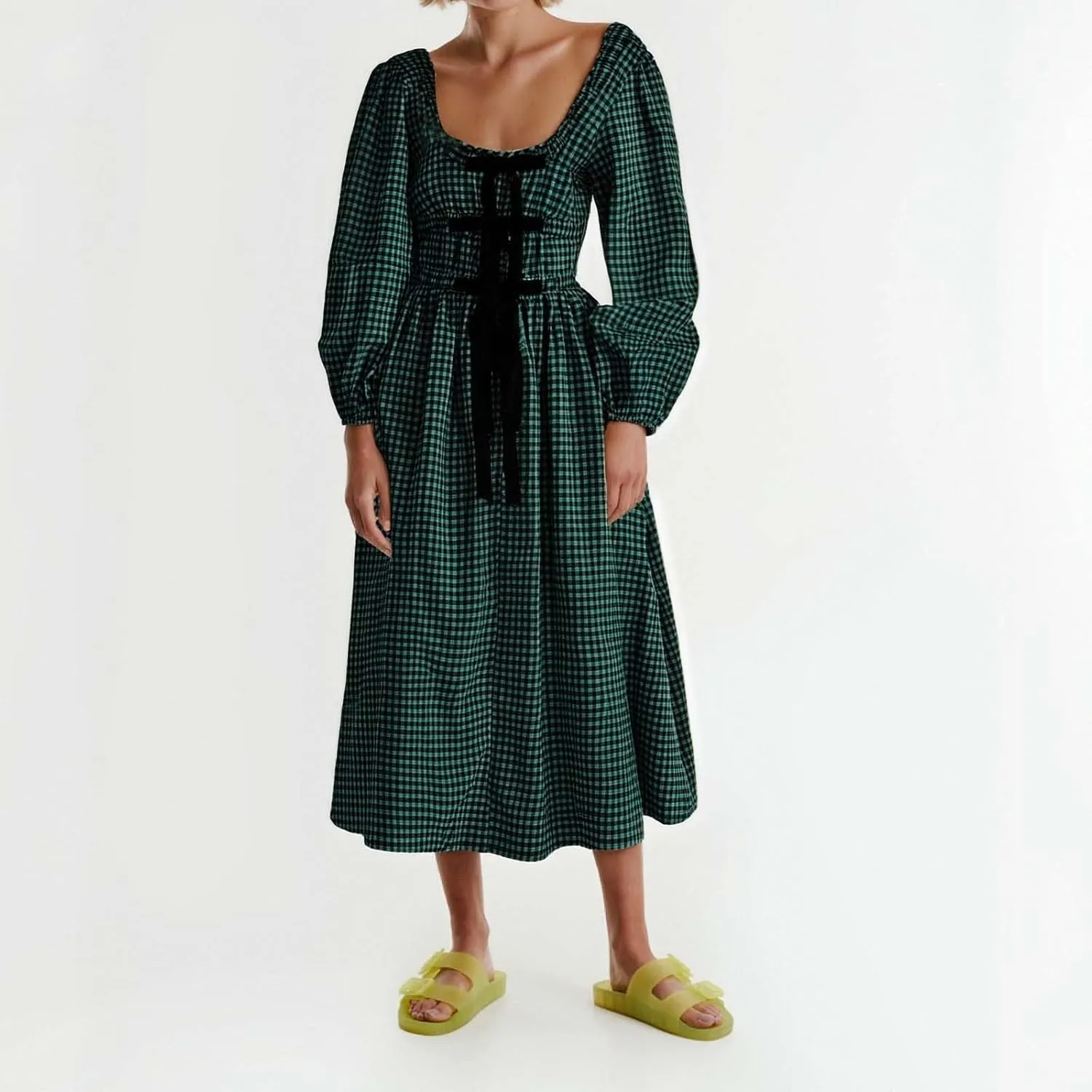 Boho Floral Dress for Women Western Bow Tie Scoop Neck Long Sleeve Long Beach Dress Spring Church Outfits for Women