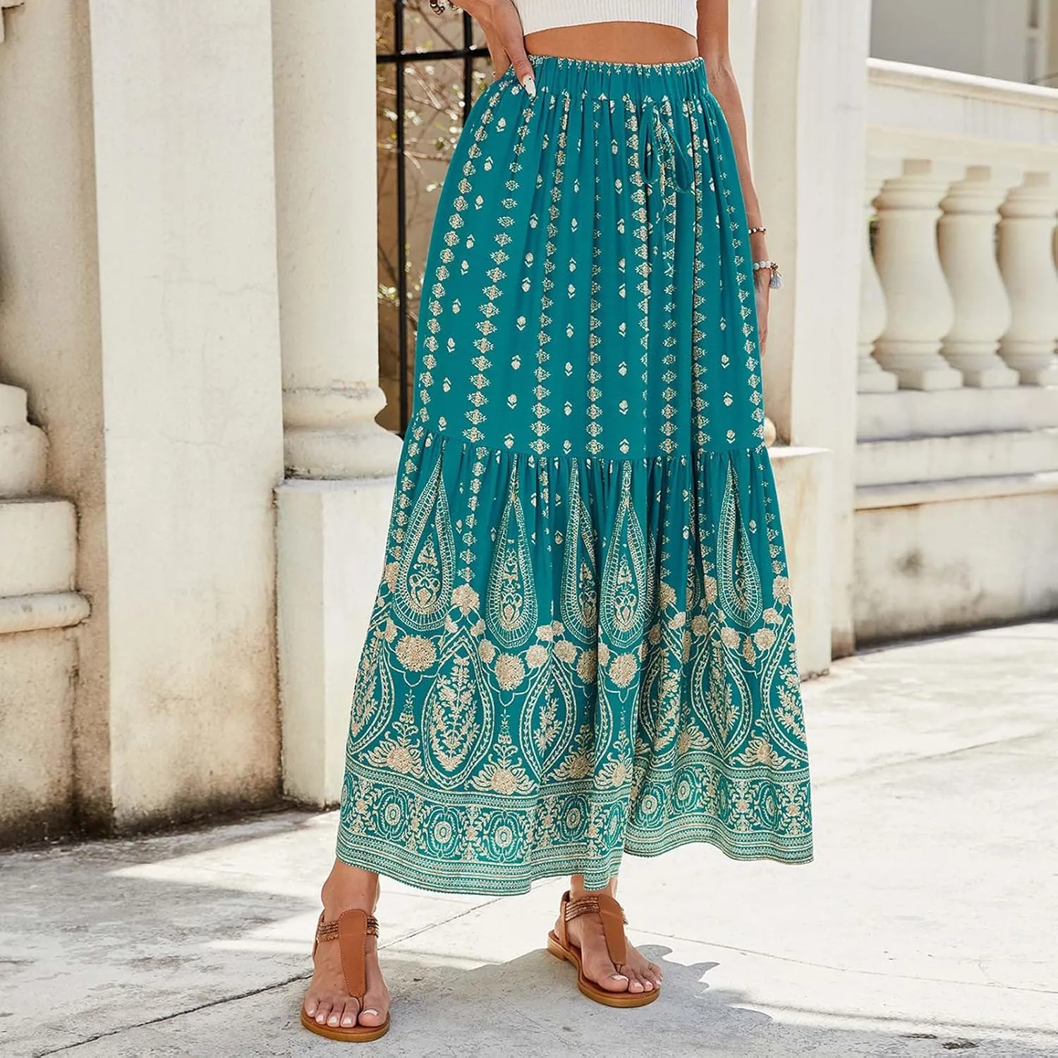 Boho Floral Skirts for Women High Waist Vintage Tiered Ruffled Hem Hawaiian Beach Flowy Maxi Smocked Skirts