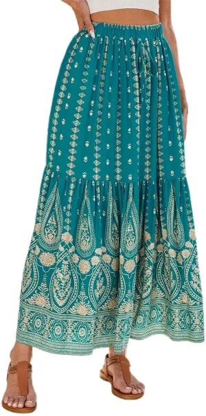 Boho Floral Skirts for Women High Waist Vintage Tiered Ruffled Hem Hawaiian Beach Flowy Maxi Smocked Skirts