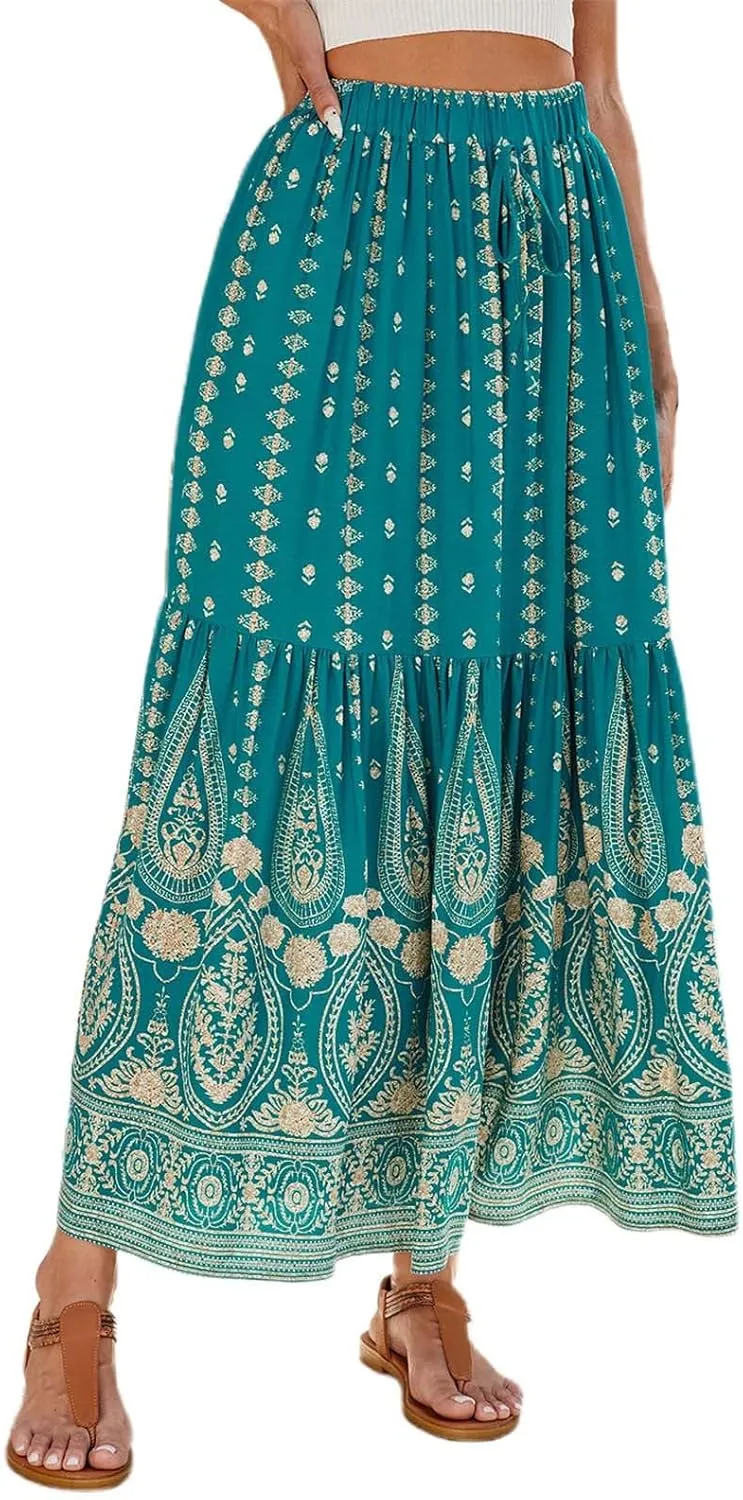 Boho Floral Skirts for Women High Waist Vintage Tiered Ruffled Hem Hawaiian Beach Flowy Maxi Smocked Skirts