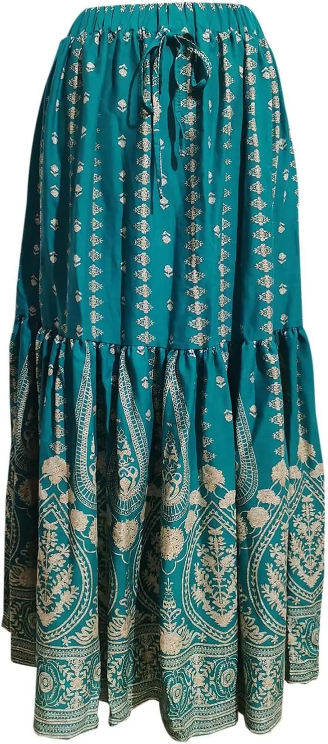 Boho Floral Skirts for Women High Waist Vintage Tiered Ruffled Hem Hawaiian Beach Flowy Maxi Smocked Skirts