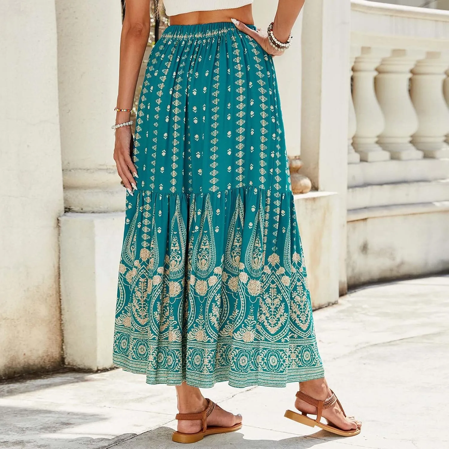 Boho Floral Skirts for Women High Waist Vintage Tiered Ruffled Hem Hawaiian Beach Flowy Maxi Smocked Skirts