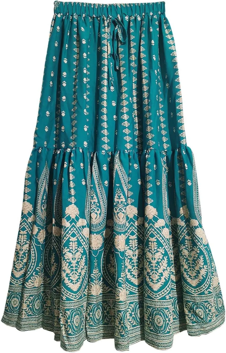 Boho Floral Skirts for Women High Waist Vintage Tiered Ruffled Hem Hawaiian Beach Flowy Maxi Smocked Skirts
