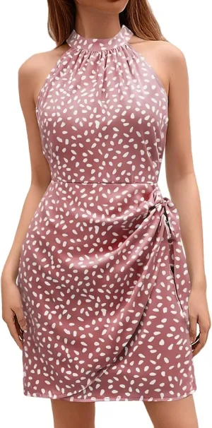 Boho Mini Dresses for Women 2025 Floral Sleeveless Halter Neck Empire Waist Semi Formal Dress Evening Cocktail Party Sundress