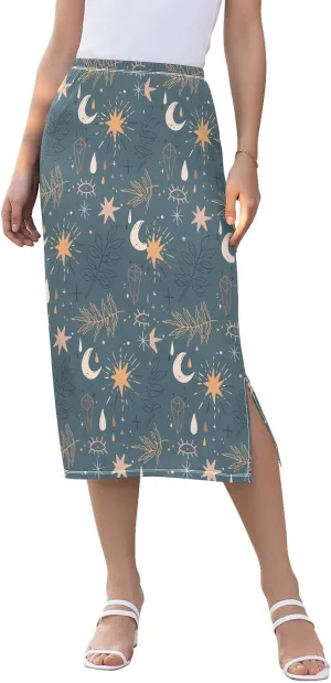 Boho Pattern Design Womens Midi Slip Skirt Womens Skirts with Slit Elastic Spring Long Skirt