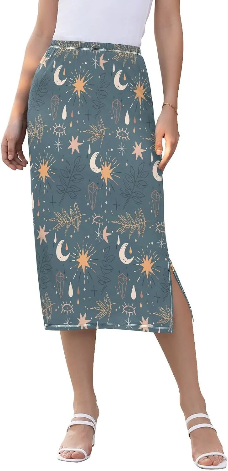 Boho Pattern Design Womens Midi Slip Skirt Womens Skirts with Slit Elastic Spring Long Skirt