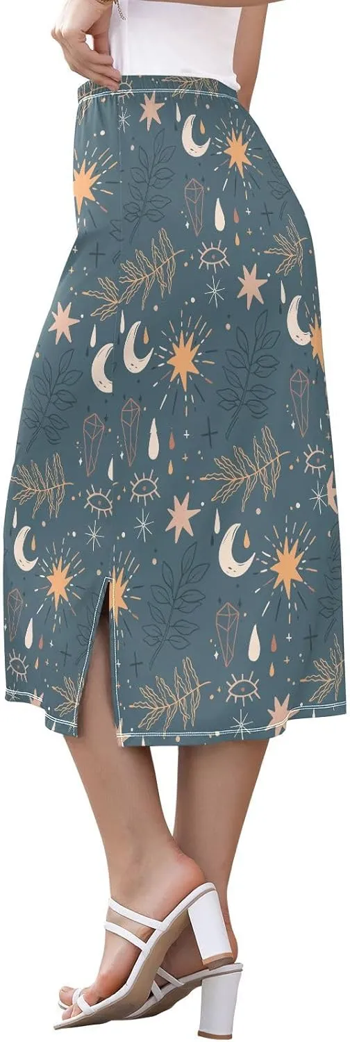 Boho Pattern Design Womens Midi Slip Skirt Womens Skirts with Slit Elastic Spring Long Skirt