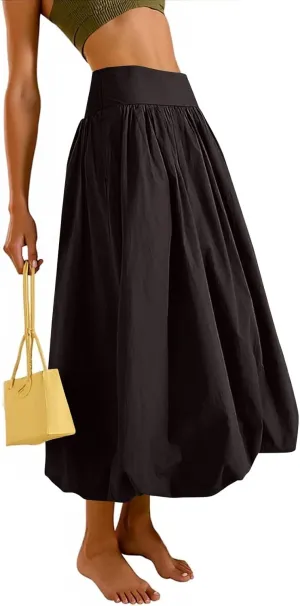 Bubble Midi Skirts for Women Trendy 2025 Summer Smocked Vacation Elastic Waist Flowy A Line Long Skirt with Pockets