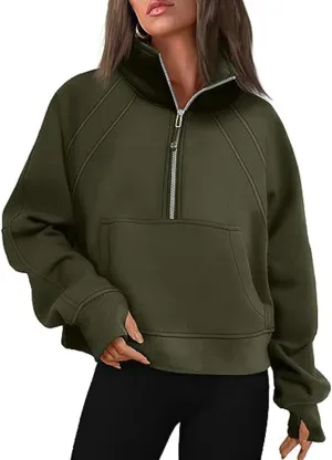 Bubeutou Half Zip Sweatshirts Womens Quarter Zip Pullover Trendy Fleece Cropped Hoodies Teen Girls Fall Top Outfits Clothes (Army Green,S,Small)