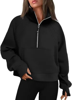 Bubeutou Half Zip Sweatshirts Womens Quarter Zip Pullover Trendy Fleece Cropped Hoodies Teen Girls Fall Top Outfits Clothes (Black,S,Small)
