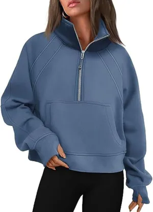 Bubeutou Half Zip Sweatshirts Womens Quarter Zip Pullover Trendy Fleece Cropped Hoodies Teen Girls Fall Top Outfits Clothes (Blue,L,Large)